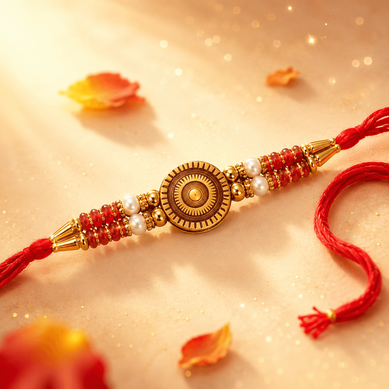Moti Surya Rakhi — Temple Gold Disc with Pearls and Red Carnelian