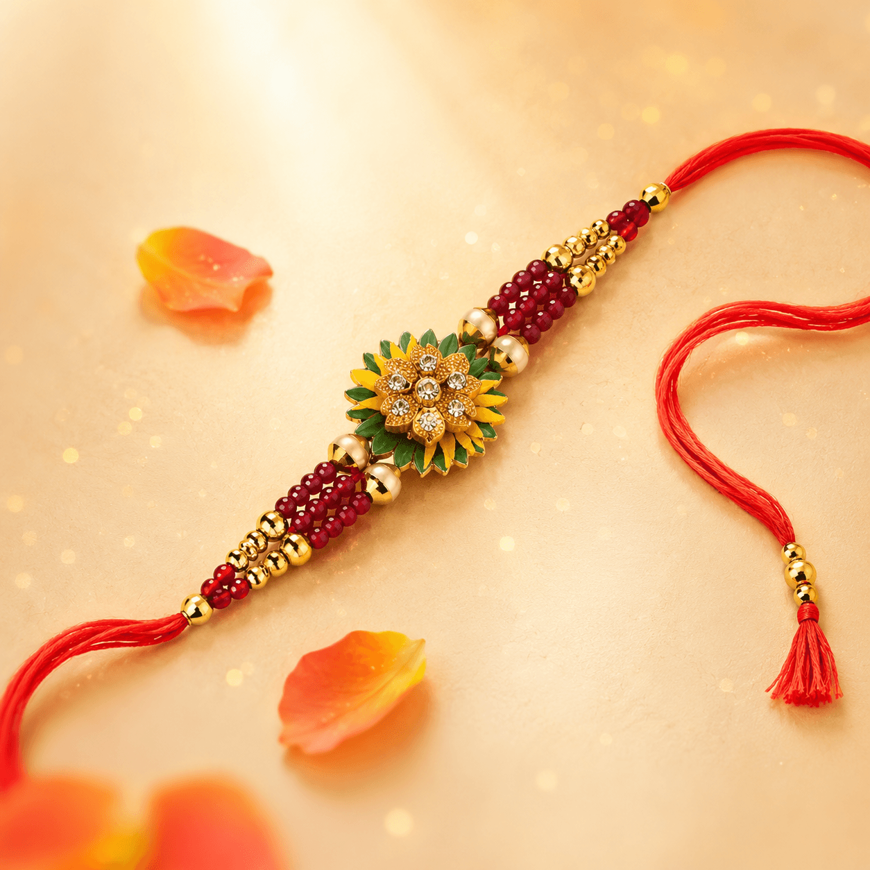 Kundan Kamal Rakhi — Meenakari Lotus with Maroon and Gold Pearl Beads