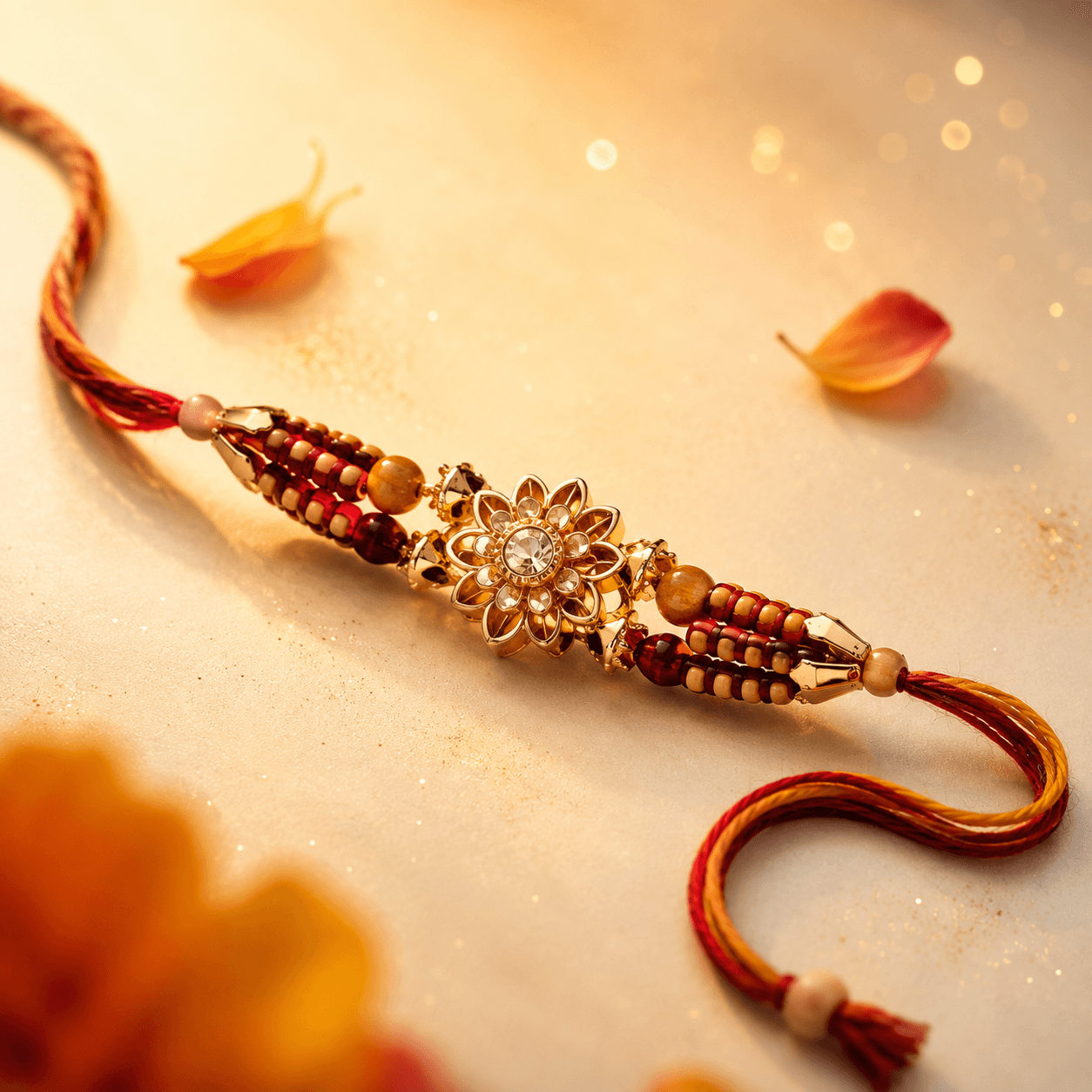 Kundan Surajmukhi Rakhi — Crystal Sunflower with Wooden Beads