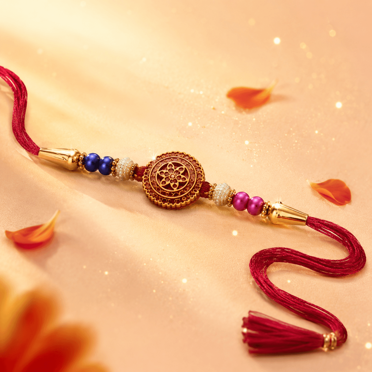 Meenakari Chakra Rakhi — Carved Disc with Sapphire, Pearl and Magenta Beads