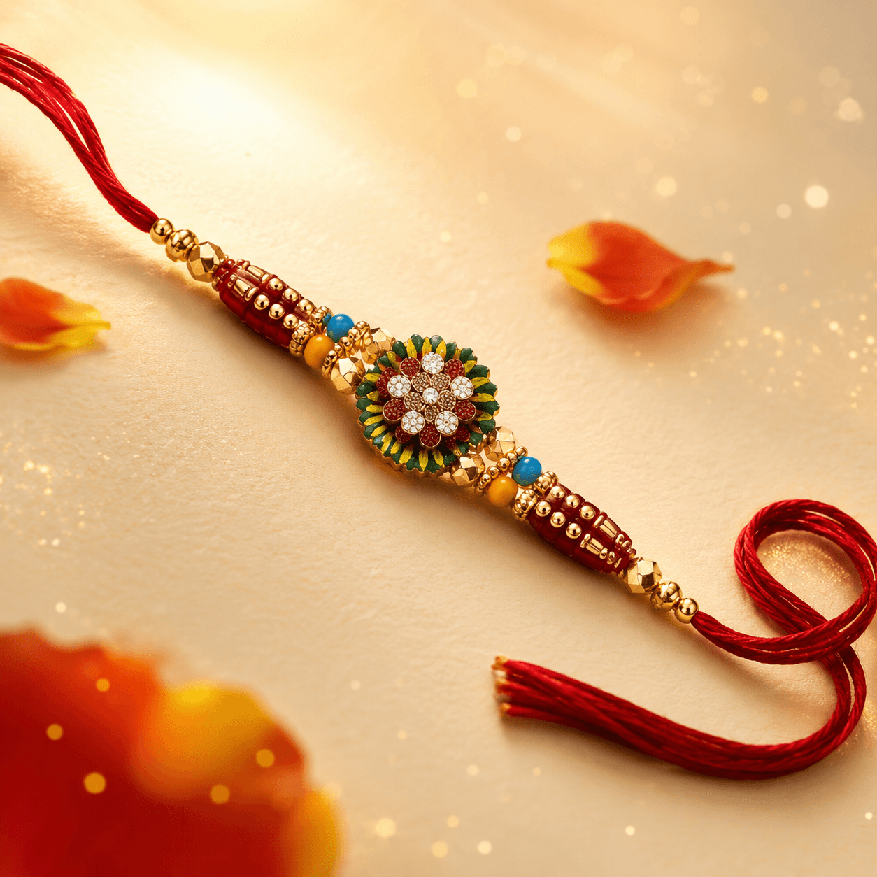 Rangoli Meenakari Rakhi — Green and Yellow Petals with Crystal Flower