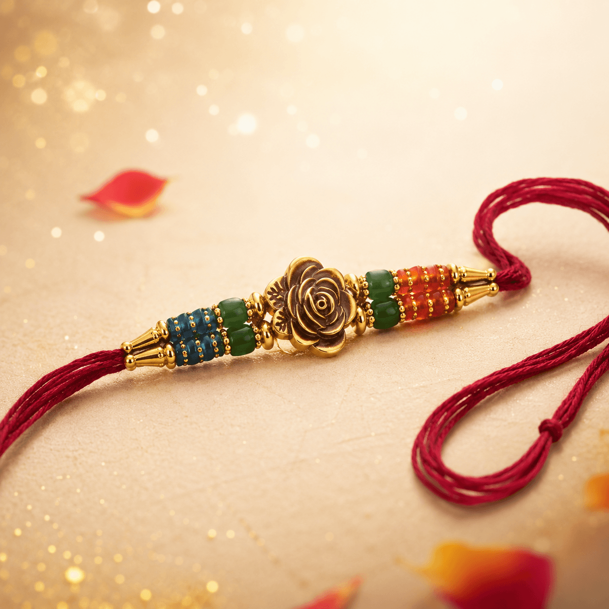 Navrang Gulab Rakhi — Antique Gold Rose with Jade, Sapphire and Carnelian