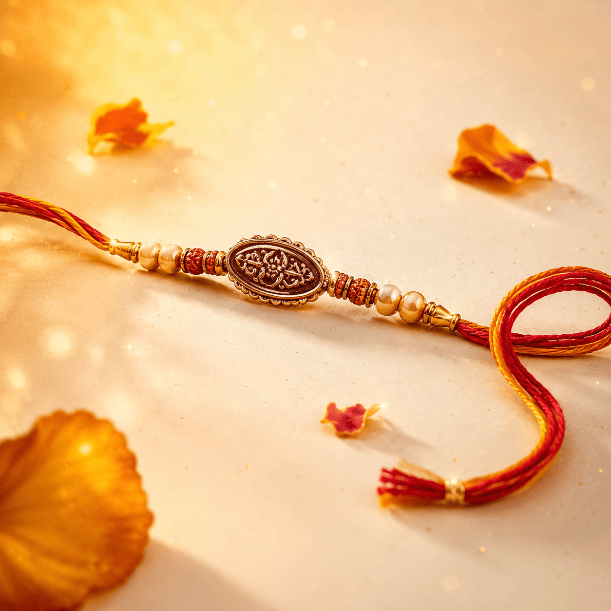 Kalash Antique Rakhi — Engraved Gold Oval with Rudraksha and Pearls