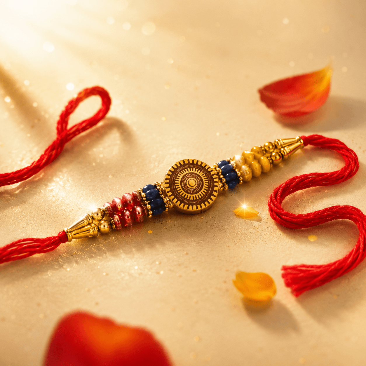 Surya Kavach Rakhi — Gold Mandala with Ruby and Sapphire Beads