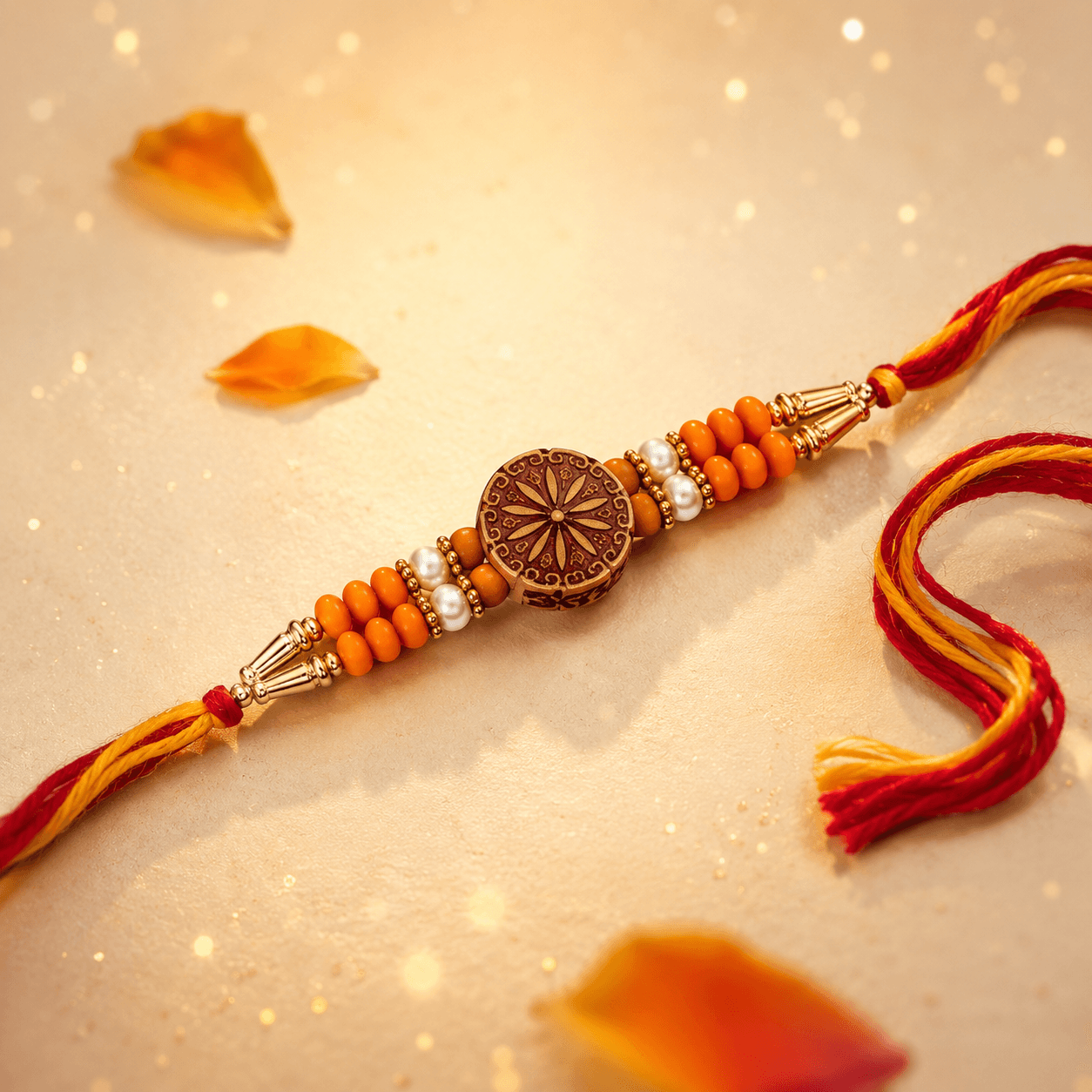 Kesari Kamal Rakhi — Carved Lotus with Coral Beads and Pearls