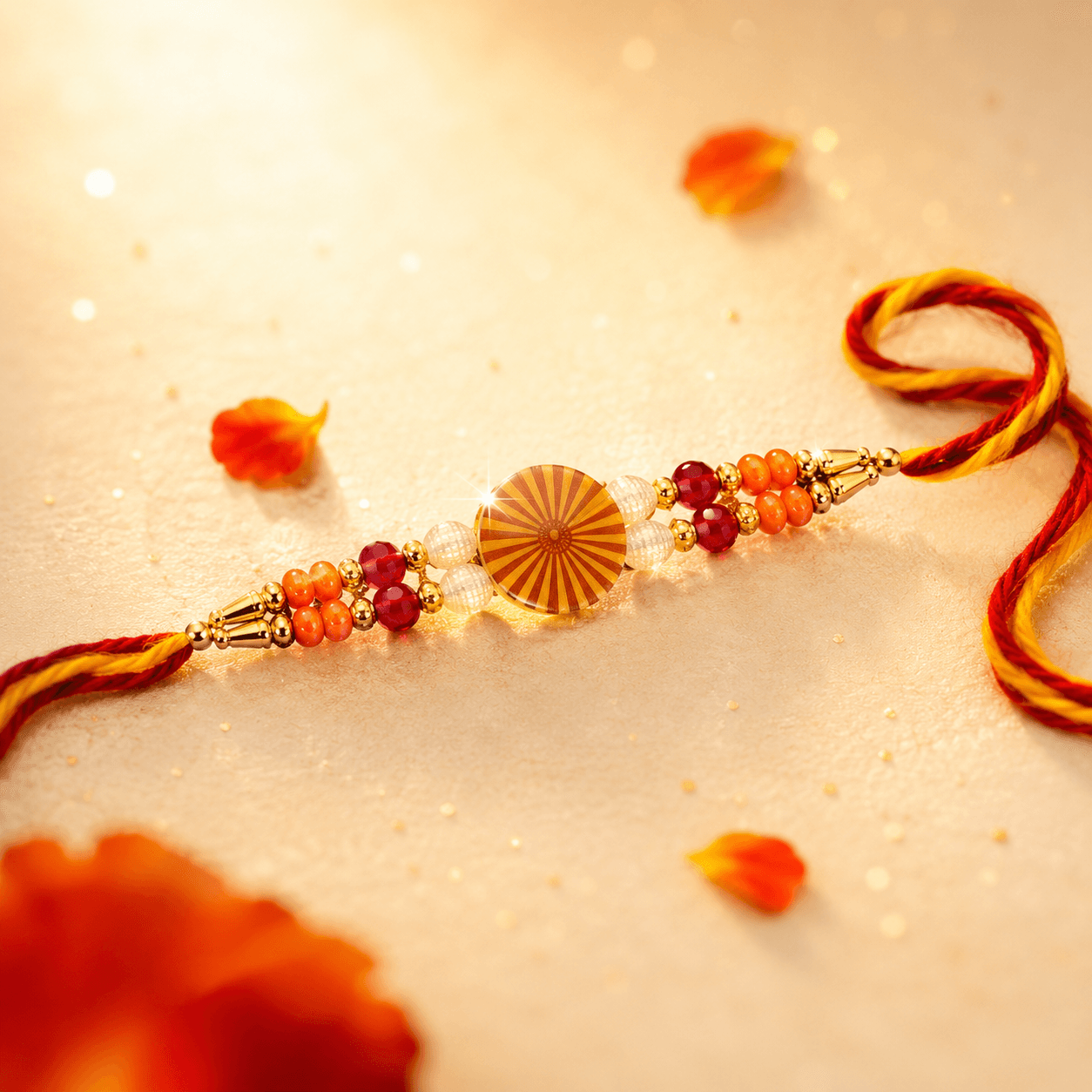 Suraj Chakra Rakhi — Orange Sunburst Disc with Coral and Pearl Beads