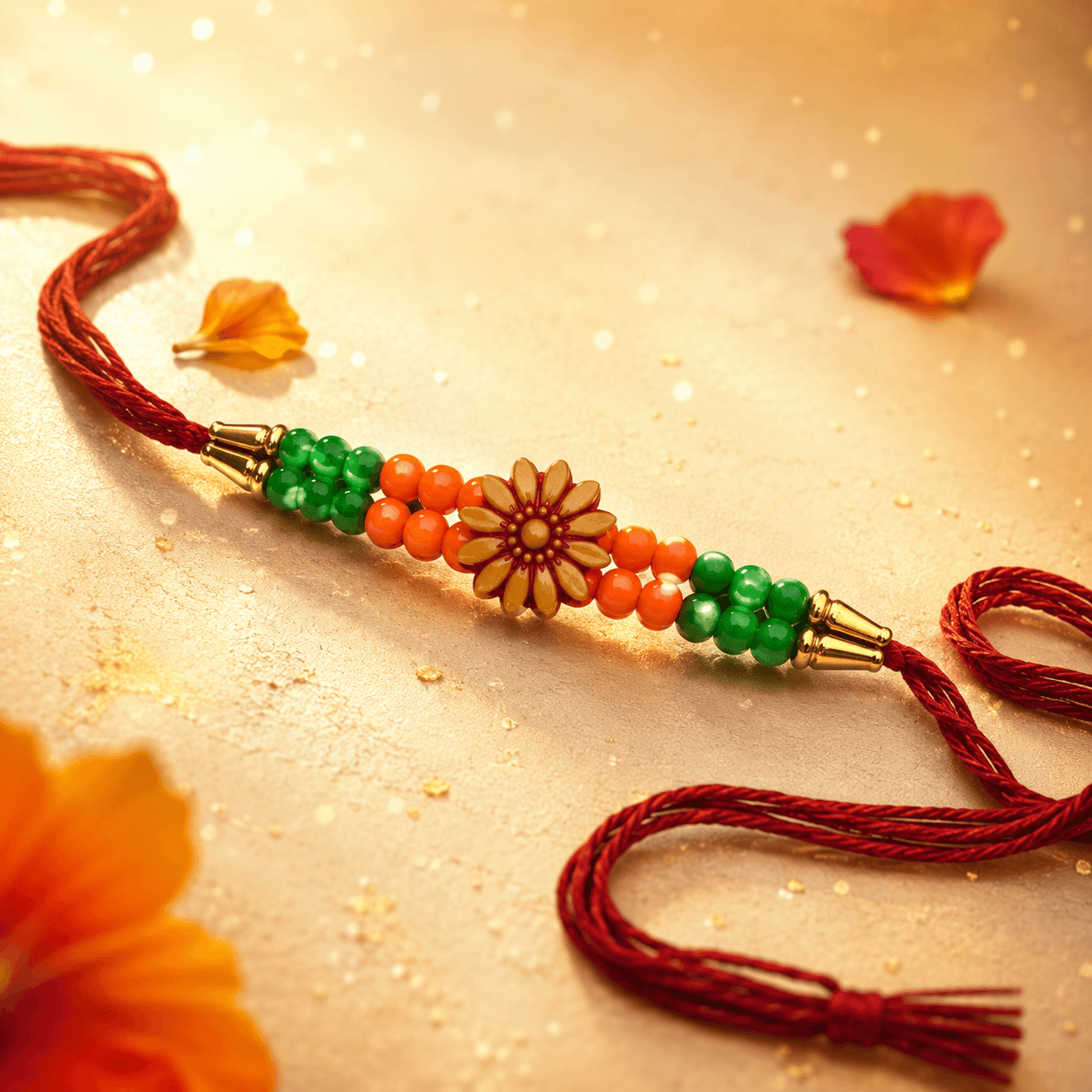 Sunehri Daisy Rakhi — Carved Gold Flower with Orange and Green Jade Beads