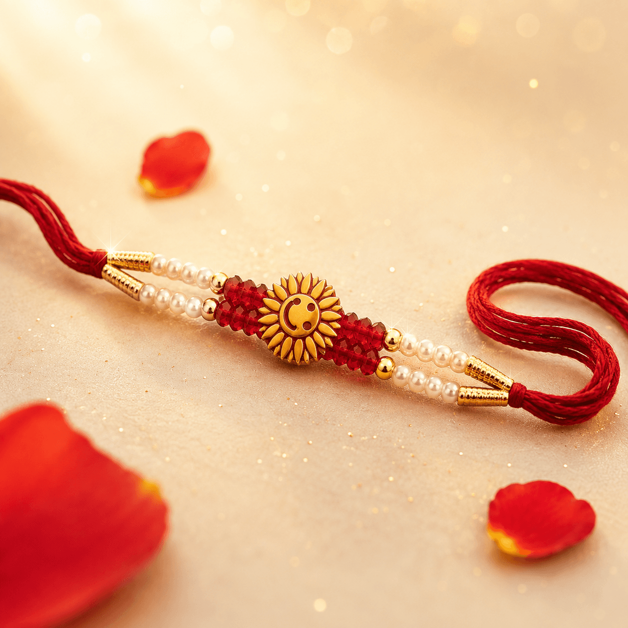 Muskaan Surya Rakhi — Smiling Sun with Ruby Crystals and Pearls